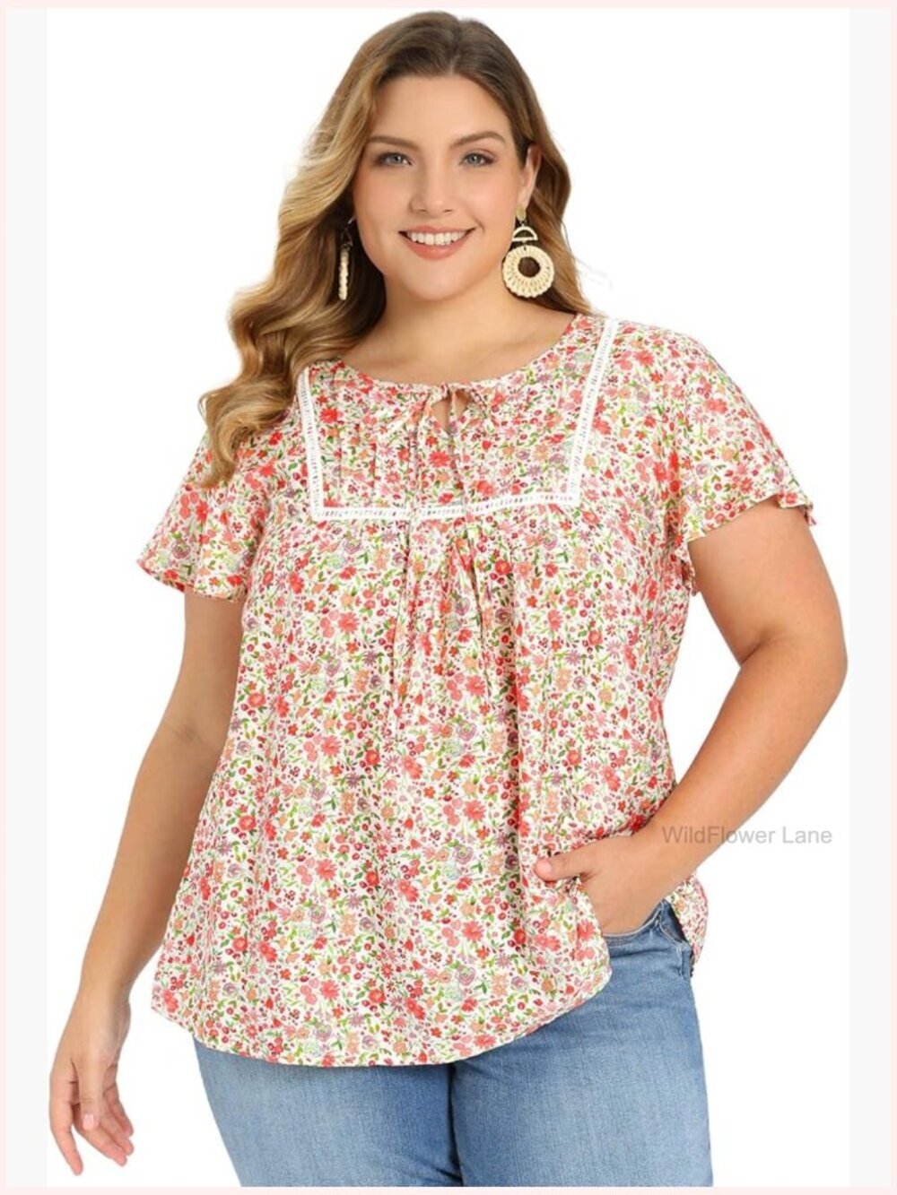 Plus Size Tie Neck Ruffle Sleeve Floral Blouse Tunic Top